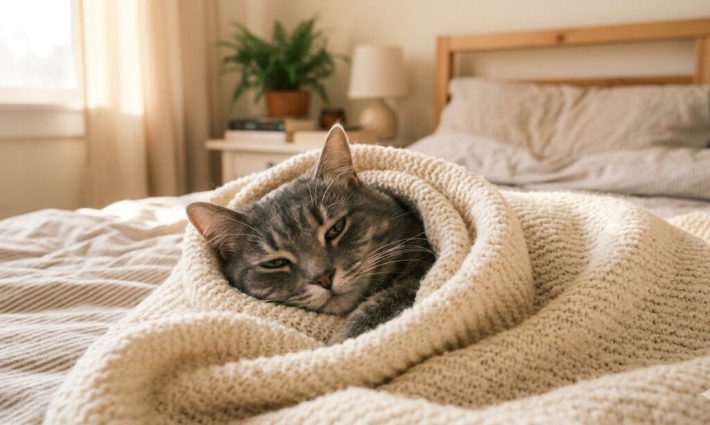 A fluffy grey cat wrapped snugly in a soft cream-colored blanket, one eye half-open, looking drowsy and completely content. Warm morning light from a nearby window, bokeh background, cozy bedroom