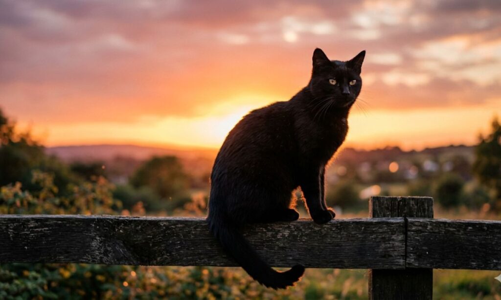 A sleek black cat perched elegantly on a wooden fence at golden hour, silhouetted slightly against a warm orange-pink sky. The cat looks sideways toward the camera with a knowing, slightly smug ex