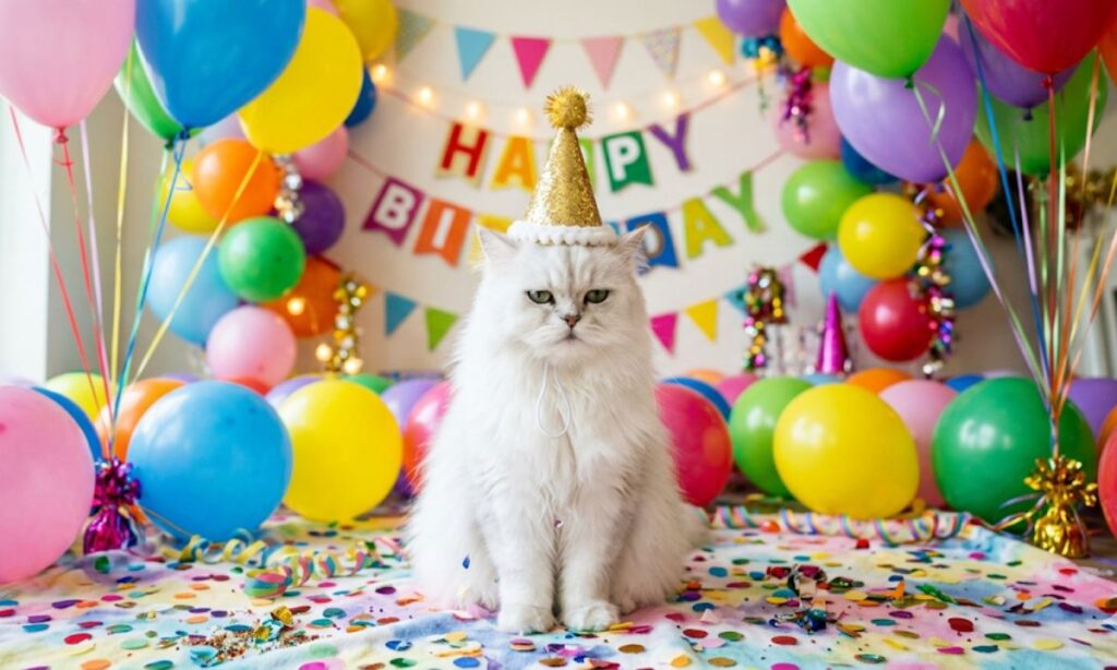 ![Image suggestion A cat wearing a tiny birthday hat, surrounded by balloons, looking tolerant but not thrilled] Image Prompt A fluffy white cat sitting upright wearing a tiny gold birthday party