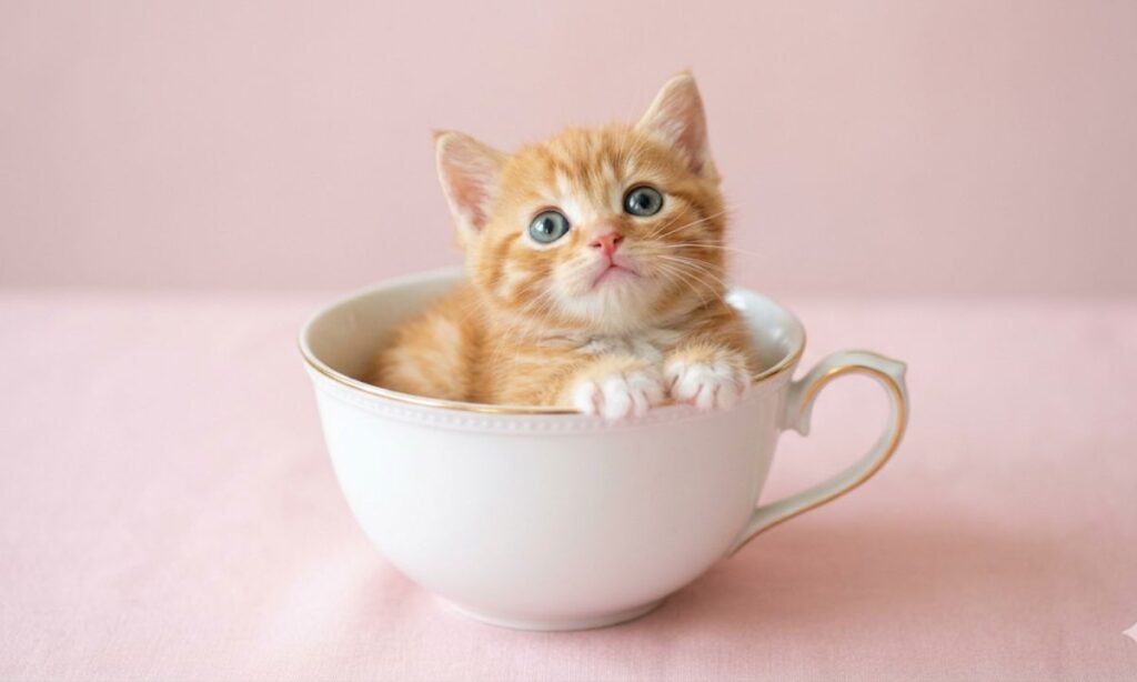 ![Image suggestion A tiny kitten sitting in a teacup, looking curious and wide-eyed, pastel background] Image Prompt An impossibly tiny orange kitten sitting in a large white teacup on a pastel pi