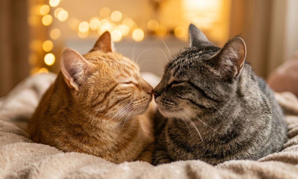 ![Image suggestion Two cats touching noses gently, surrounded by soft bokeh lights, warm golden tones] Image Prompt Two cats one orange tabby and one grey gently touching noses in an affectionate